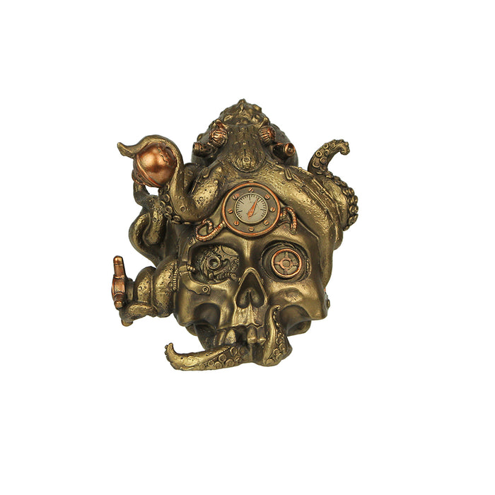 Antique Metallic Bronze and Copper Finish Abyssal Bones Steampunk Mechanical Octopus Skull Mythical Tabletop Resin Statue -
