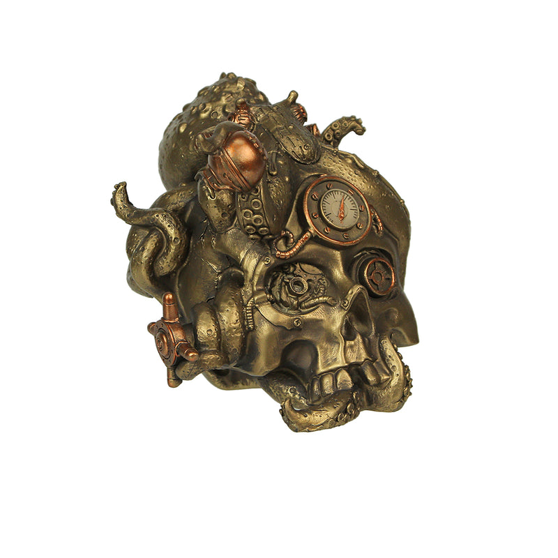 Antique Metallic Bronze and Copper Finish Abyssal Bones Steampunk Mechanical Octopus Skull Mythical Tabletop Resin Statue -