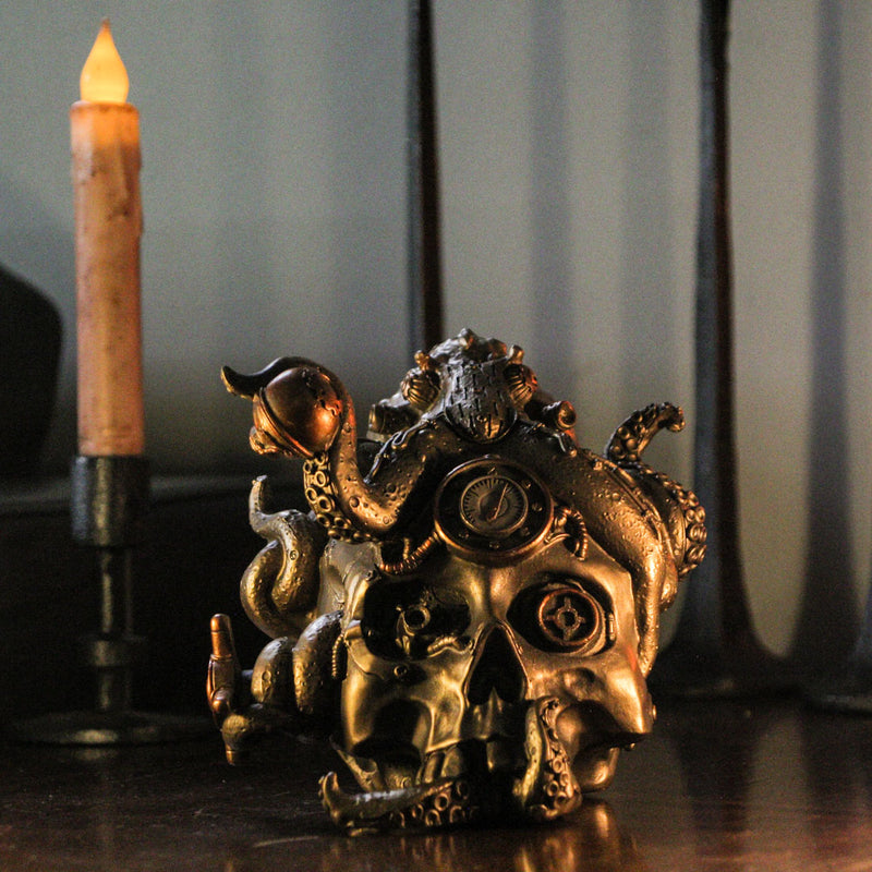 Antique Metallic Bronze and Copper Finish Abyssal Bones Steampunk Mechanical Octopus Skull Mythical Tabletop Resin Statue -