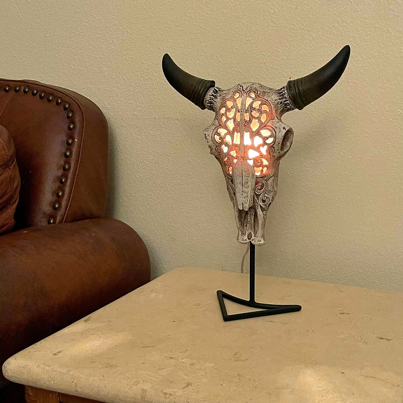 Southwestern Style Steer Skull Resin Decorative Wall Sconce Or Table Accent Lamp with Removable Metal Stand & LED Bulb
