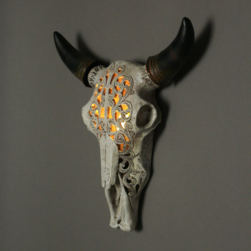 Southwestern Style Steer Skull Resin Decorative Wall Sconce Or Table Accent Lamp with Removable Metal Stand & LED Bulb