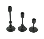 Exquisite Set of 3 Black Finish Cast Iron Mid-Century Modern Style Metal Taper Candle Holders for Elegant MCM, Gothic, or