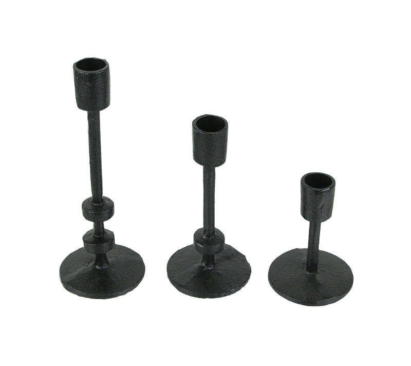 Exquisite Set of 3 Black Finish Cast Iron Mid-Century Modern Style Metal Taper Candle Holders for Elegant MCM, Gothic, or