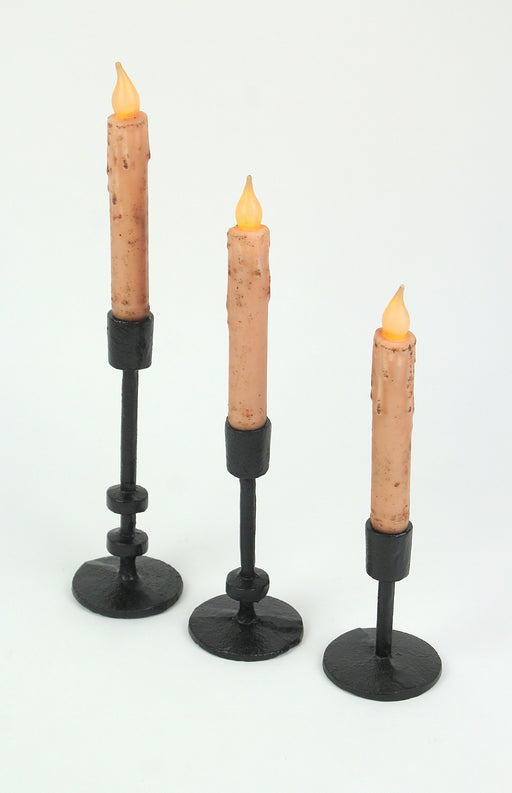 Exquisite Set of 3 Black Finish Cast Iron Mid-Century Modern Style Metal Taper Candle Holders for Elegant MCM, Gothic, or