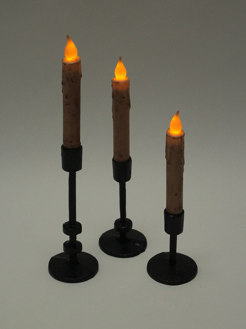 Exquisite Set of 3 Black Finish Cast Iron Mid-Century Modern Style Metal Taper Candle Holders for Elegant MCM, Gothic, or