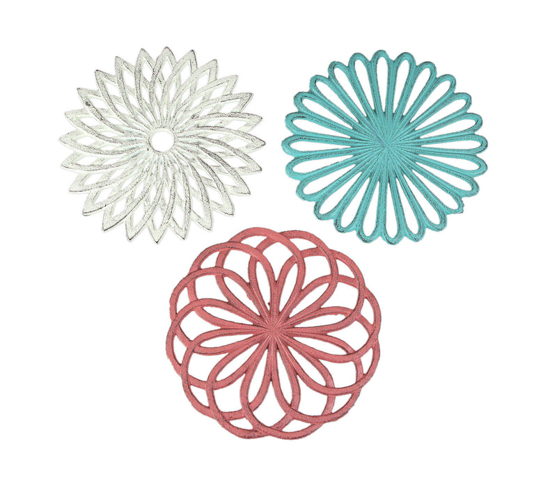 Set of 3 Cast Iron Floral Bloom Trivets - Rustic Kitchen Decor with Bright Colors and Geometric Patterns - Decorative