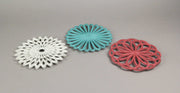 Set of 3 Cast Iron Floral Bloom Trivets - Rustic Kitchen Decor with Bright Colors and Geometric Patterns - Decorative