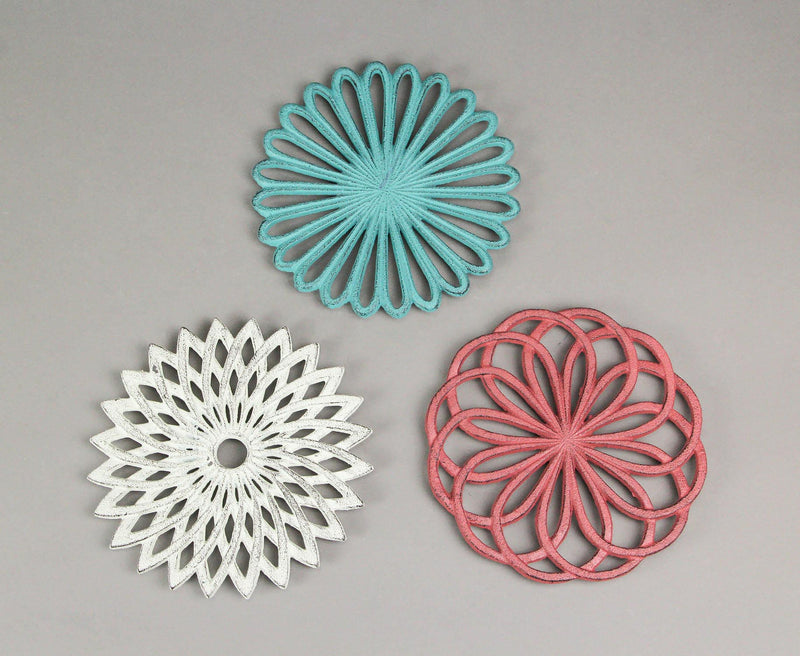 Set of 3 Cast Iron Floral Bloom Trivets - Rustic Kitchen Decor with Bright Colors and Geometric Patterns - Decorative