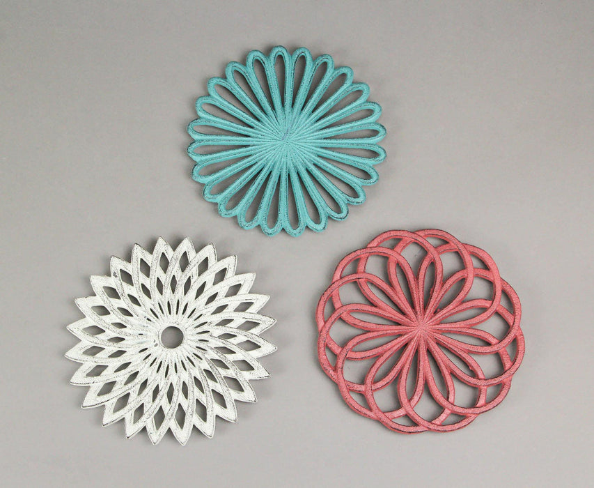 Enchanting Set of 3 Cast Iron Floral Bloom Trivets - Rustic Kitchen Decorative Accessories with Bright Colors and Geometric