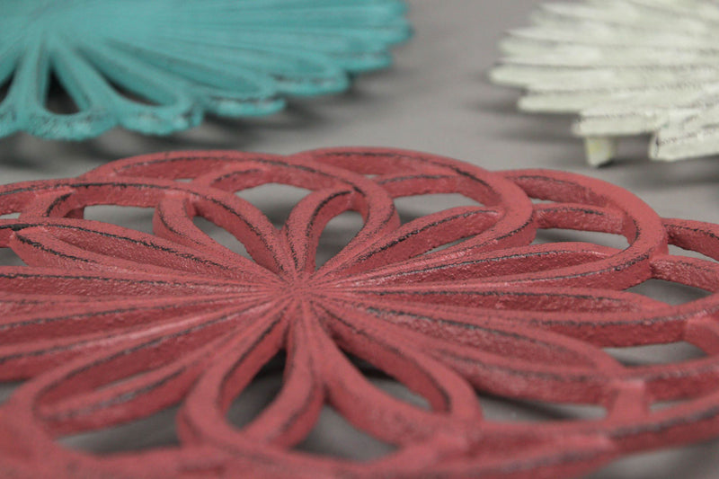 Set of 3 Cast Iron Floral Bloom Trivets - Rustic Kitchen Decor with Bright Colors and Geometric Patterns - Decorative