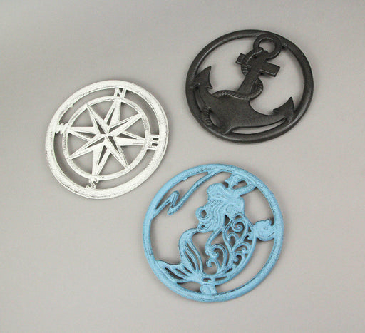 Nautical Elegance - Set of 3 Cast Iron Table Trivets - Mermaid, Anchor, Compass Rose - Decorative Kitchen Décor and Wall