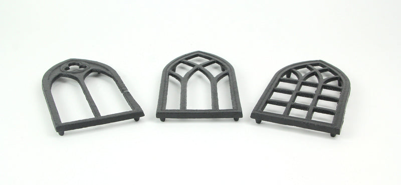 Set of 3 Black Cast Iron Gothic Cathedral Window Frame Design Hot Plate Trivets - Versatile 8-Inch Kitchen Table Accessories