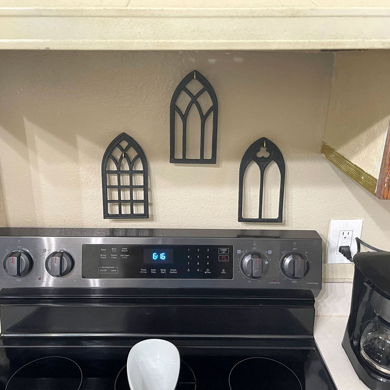 Set of 3 Black Cast Iron Gothic Cathedral Window Frame Design Hot Plate Trivets - Versatile 8-Inch Kitchen Table Accessories