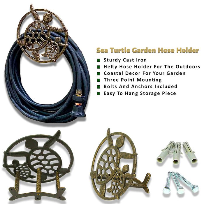 Bronze - Image 2 - Bronze Sea Turtle Cast Iron Hose Holder: Decorative Wall-Mounted Garden Hose Hanger - Nautical Outdoor