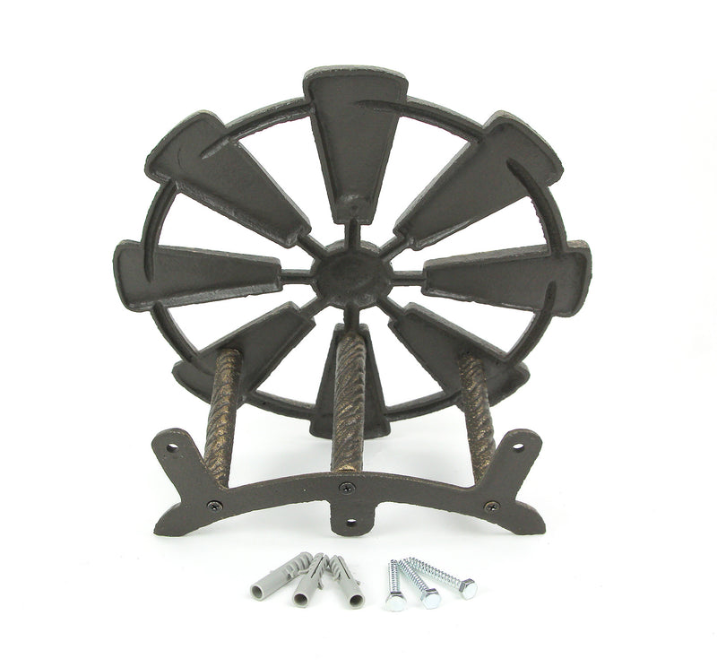 Bronze Finish Cast Iron Farmhouse Windmill Decorative Wall Mounted Garden Hose Hanger Outdoor Hose Holder Decor - 12 Inches