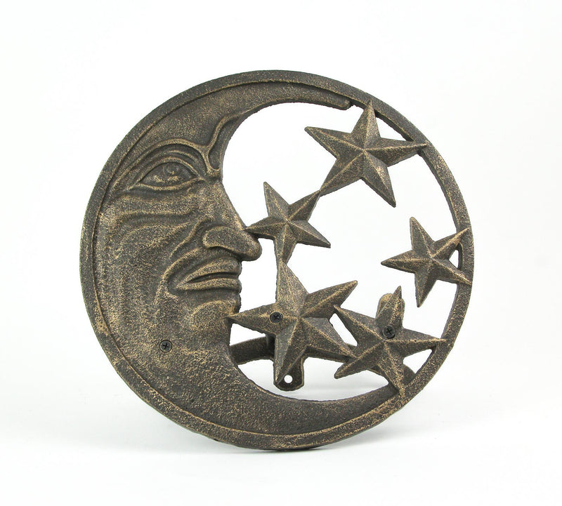 Cast Iron Crescent Moon Face and Stars Decorative Wall Mounted Hanging Garden Hose Hanger Bronze Finish  - Outdoor Hose