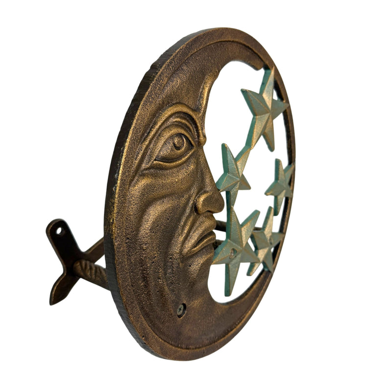 Garden Hose Holder Moon Face Stars 11.5 Inch Cast Iron Verdigris Image 2