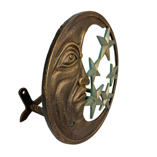 Garden Hose Holder Moon Face Stars 11.5 Inch Cast Iron Verdigris Image 2