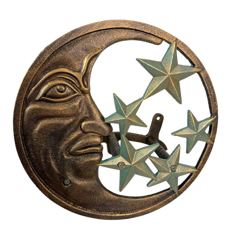 Garden Hose Holder Moon Face Stars 11.5 Inch Cast Iron Verdigris Image 1