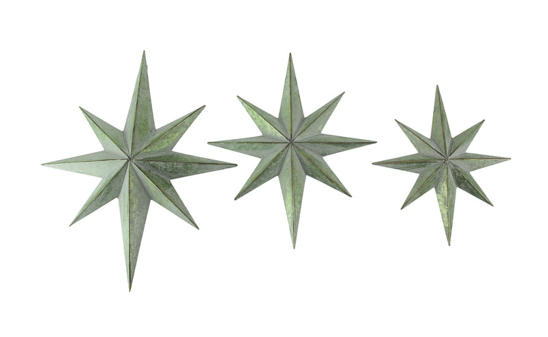 Set of 3 Exquisite Mid-Century Modern Galvanized Zinc Finish 8 Pointed Compass Star Wall Hangings - Metal Sculptures for