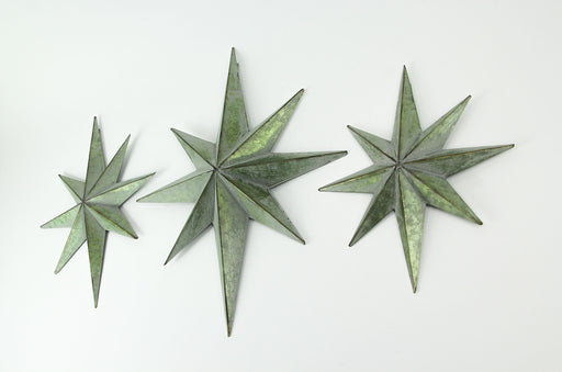 Set of 3 Exquisite Mid-Century Modern Galvanized Zinc Finish 8 Pointed Compass Star Wall Hangings - Metal Sculptures for