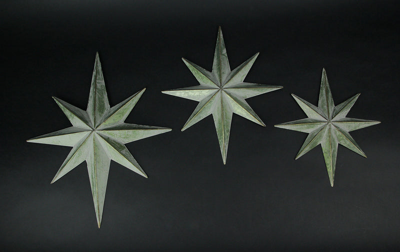 Set of 3 Exquisite Mid-Century Modern Galvanized Zinc Finish 8 Pointed Compass Star Wall Hangings - Metal Sculptures for