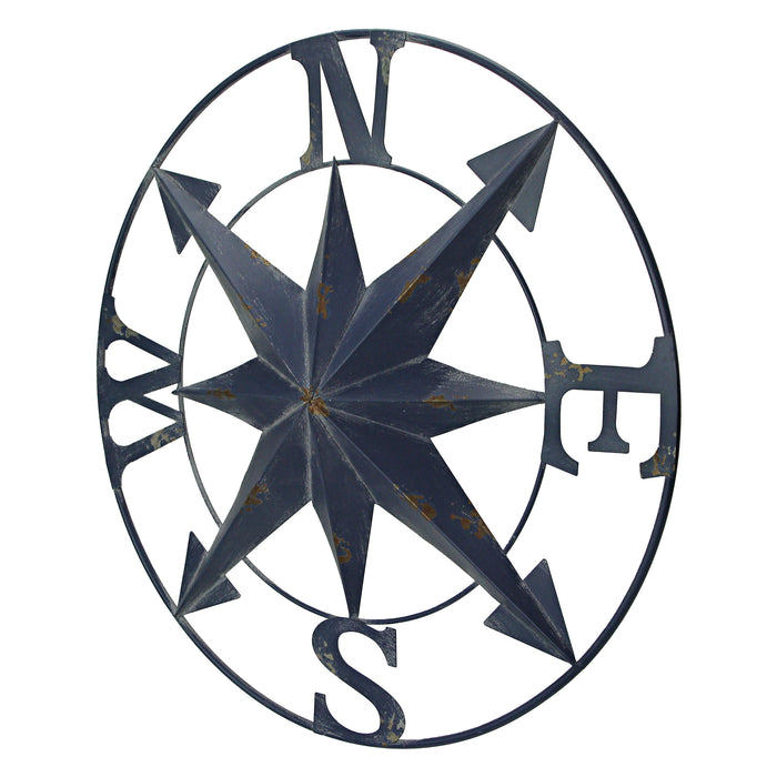 Blue - Image 3 - Distressed Dark Blue Metal Nautical Compass Rose Wall Hanging - Vintage Coastal Seaside Charm - 24 Inches in