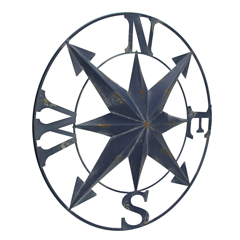 Blue - Image 7 - Distressed Dark Blue Metal Nautical Compass Rose Wall Hanging - Vintage Coastal Seaside Charm - 24 Inches in