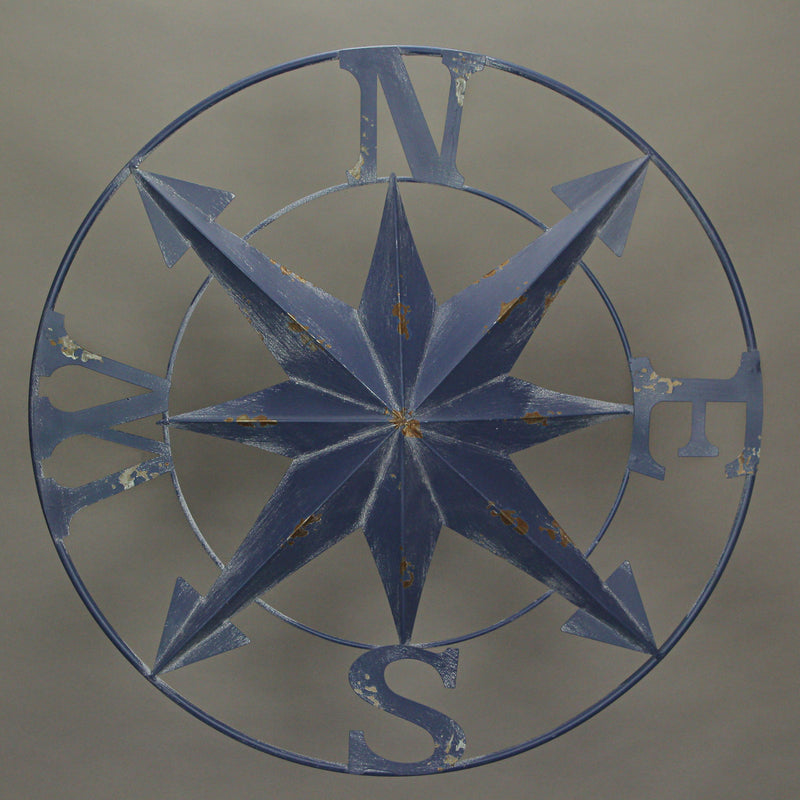 Blue - Image 9 - Distressed Dark Blue Metal Nautical Compass Rose Wall Hanging - Vintage Coastal Seaside Charm - 24 Inches in
