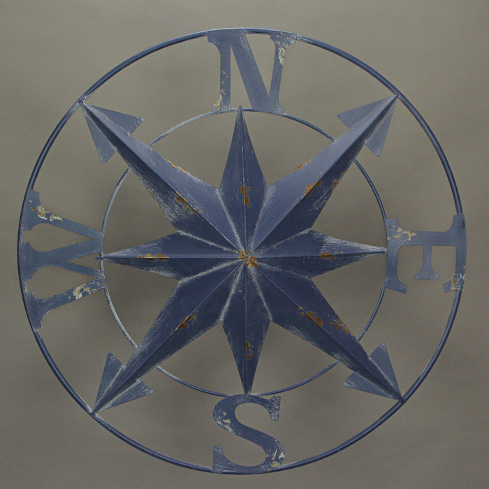 Blue - Image 9 - Distressed Dark Blue Metal Nautical Compass Rose Wall Hanging - Vintage Coastal Seaside Charm - 24 Inches in