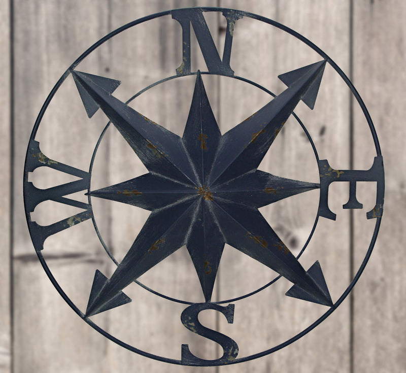 Blue - Image 5 - Distressed Dark Blue Metal Nautical Compass Rose Wall Hanging - Vintage Coastal Seaside Charm - 24 Inches in
