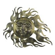 Rustic Aged Brass Finish Metal Celestial Smiling Sun Face Wall Art Hanging: Indoor/Outdoor Garden Decor Plaque - Decorative