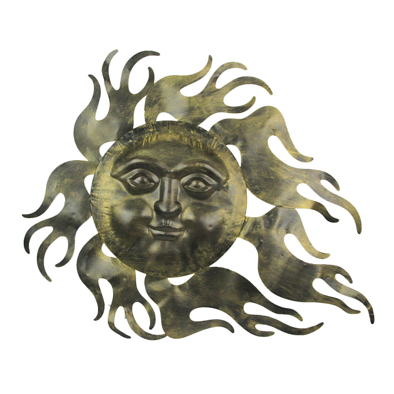 Rustic Aged Brass Finish Metal Celestial Smiling Sun Face Wall Art Hanging: Indoor/Outdoor Garden Decor Plaque - Decorative