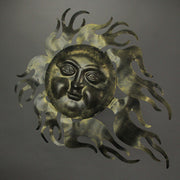 Rustic Aged Brass Finish Metal Celestial Smiling Sun Face Wall Art Hanging: Indoor/Outdoor Garden Decor Plaque - Decorative