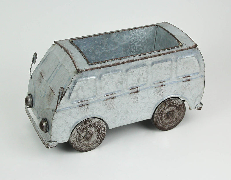 Distressed Galvanized Grey Zinc Finish Vintage Surfer Van Metal Planter for Charming Indoor or Outdoor Décor - Whimsical
