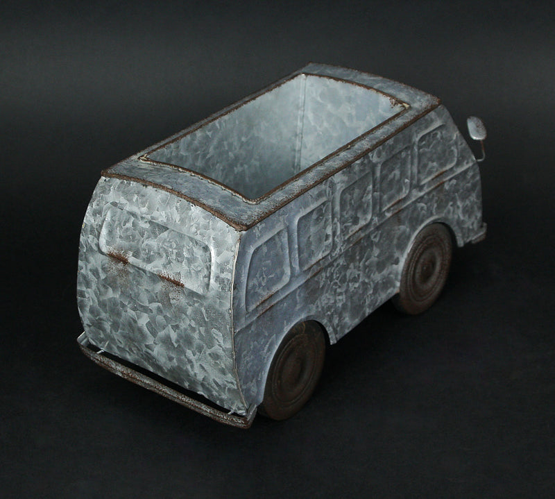 Distressed Galvanized Grey Zinc Finish Vintage Surfer Van Metal Planter for Charming Indoor or Outdoor Décor - Whimsical