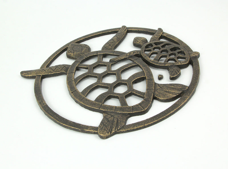 Charming Seaside Coastal Charm: Antique Bronze Finished Cast Iron Sea Turtles Wall Décor Hanging - 12.75 Inches High -