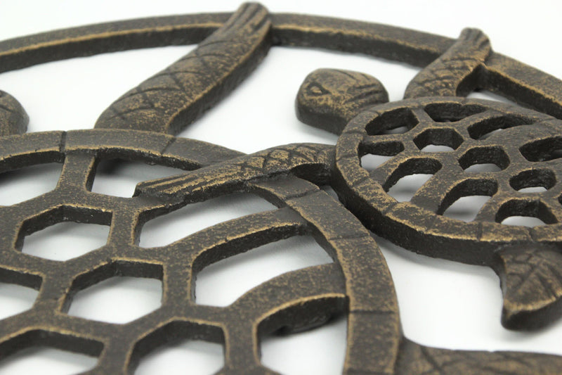Charming Seaside Coastal Charm: Antique Bronze Finished Cast Iron Sea Turtles Wall Décor Hanging - 12.75 Inches High -