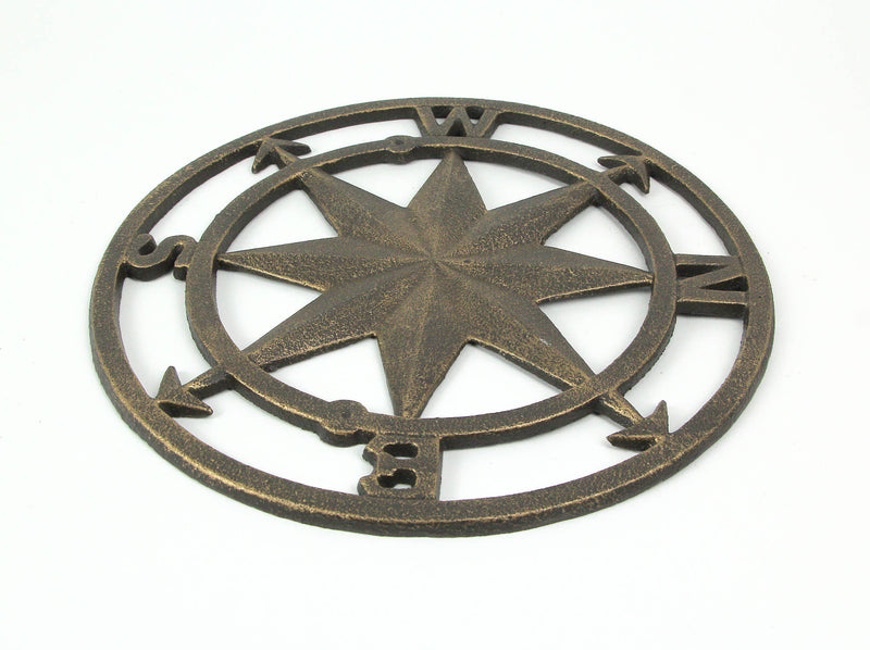 Antique Bronze Finish Cast Iron Nautical Compass Rose Wall Décor - Coastal Elegance for Bedrooms, Hallways, Porches, or