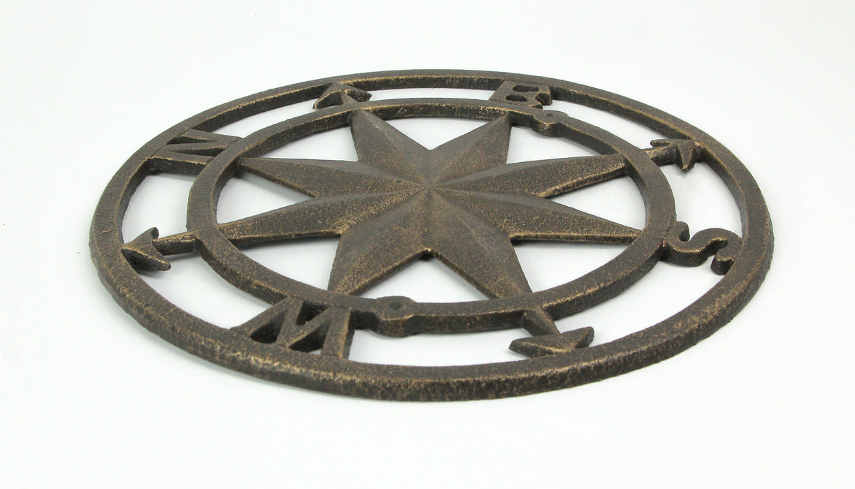 Antique Bronze Finish Cast Iron Nautical Compass Rose Wall Décor - Coastal Elegance for Bedrooms, Hallways, Porches, or