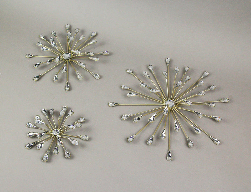 Gold - Image 2 - Set of 3 Gold Finish Teardrop Crystal Jeweled Rhinestone Starburst Metal Wall Hangings Art Decorative