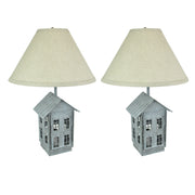 Set of 2 Rustic Galvanized Grey Metal House-Shaped Table Lamps with Accent Lights - 15 Inch Beige Fabric Shades - Country
