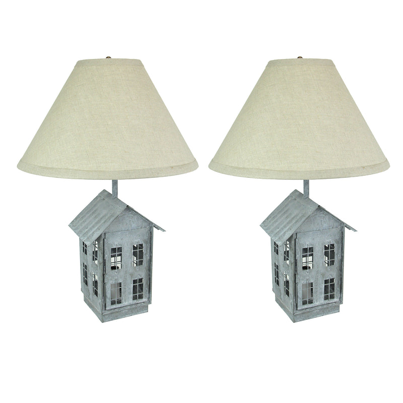 Set of 2 Rustic Galvanized Grey Metal House-Shaped Table Lamps with Accent Lights - 15 Inch Beige Fabric Shades - Country