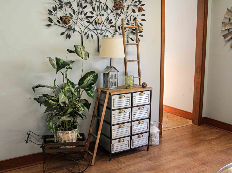 Rustic Galvanized Grey House-Shaped Double Light Table Lamp And Accent Light  - Beige Fabric Shade - Mid Century Modern