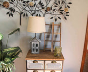 Rustic Galvanized Grey House-Shaped Double Light Table Lamp And Accent Light  - Beige Fabric Shade - Mid Century Modern