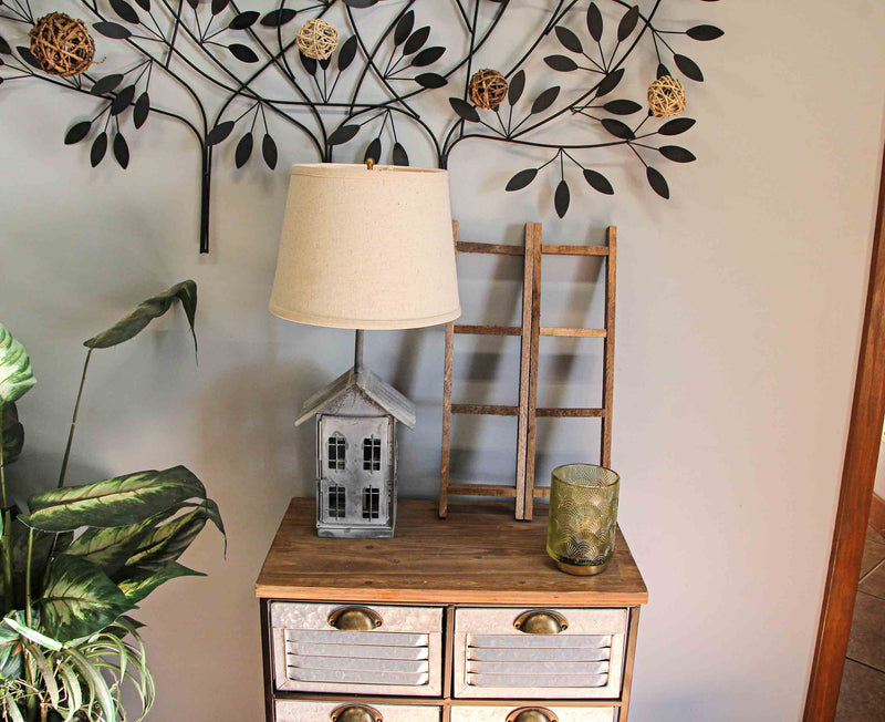 Rustic Galvanized Grey House-Shaped Double Light Table Lamp And Accent Light  - Beige Fabric Shade - Mid Century Modern