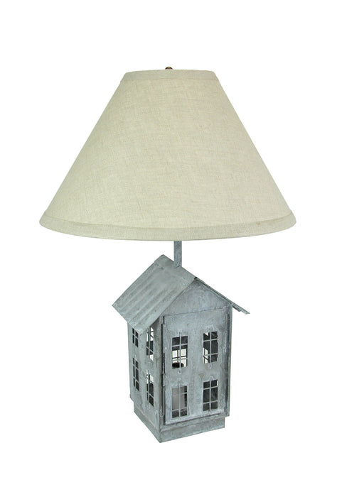 Rustic Galvanized Grey House-Shaped Double Light Table Lamp And Accent Light  - Beige Fabric Shade - Mid Century Modern