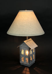 Set of 2 Rustic Galvanized Grey Metal House-Shaped Table Lamps with Accent Lights - 15 Inch Beige Fabric Shades - Country