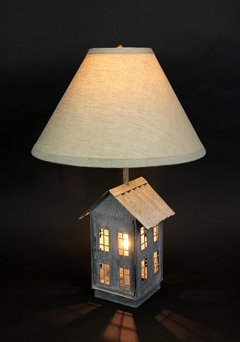 Set of 2 Rustic Galvanized Grey Metal House-Shaped Table Lamps with Accent Lights - 15 Inch Beige Fabric Shades - Country
