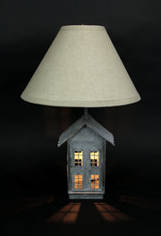 Set of 2 Rustic Galvanized Grey Metal House-Shaped Table Lamps with Accent Lights - 15 Inch Beige Fabric Shades - Country